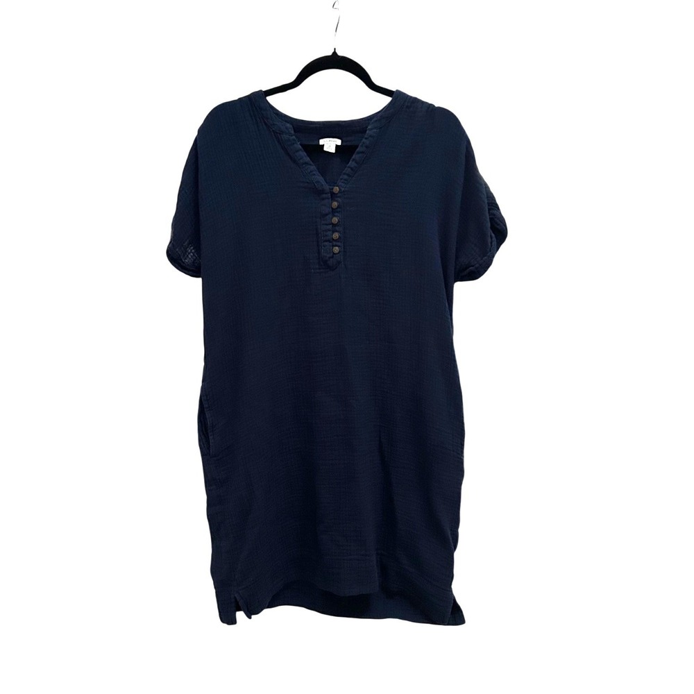 LL Bean Womens Navy Blue‎ 100% Cotton Double Gauze Henley Shift Dress M 526504